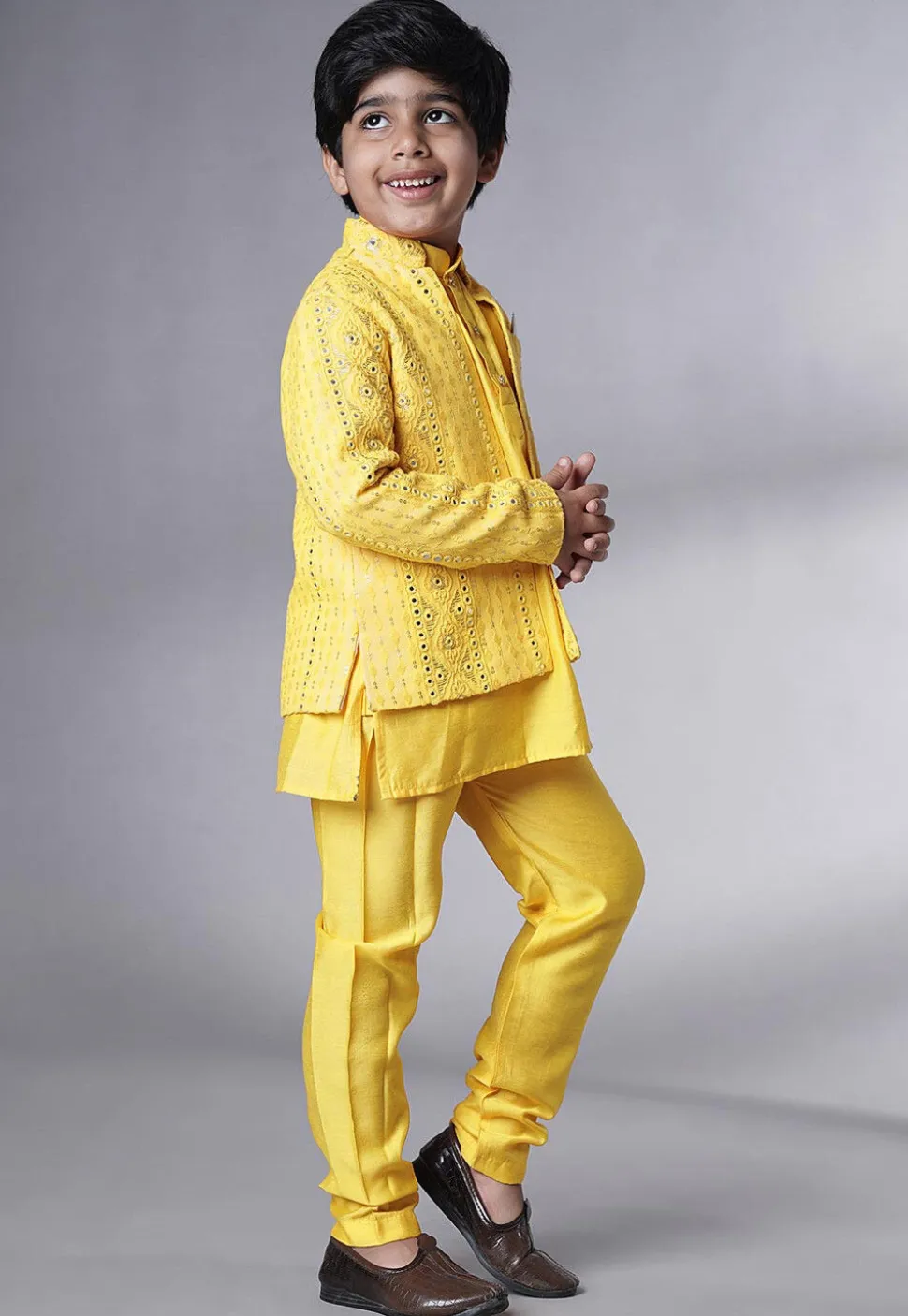 Embroidered Georgette Kurta Set in Yellow