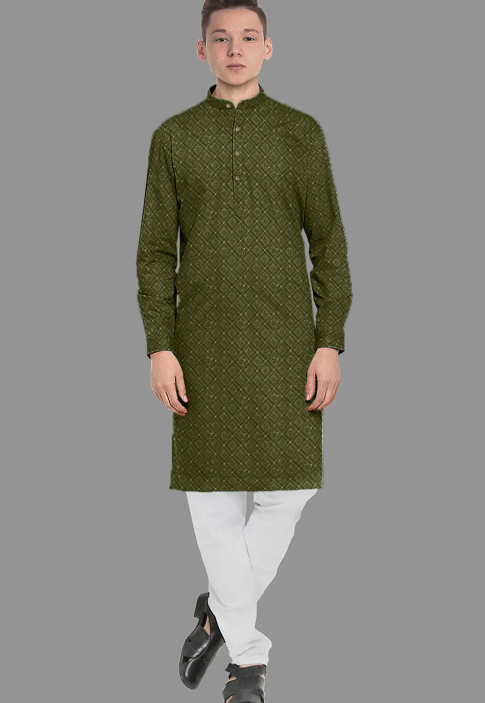 Embroidered Georgette Kurta Set in Olive Green