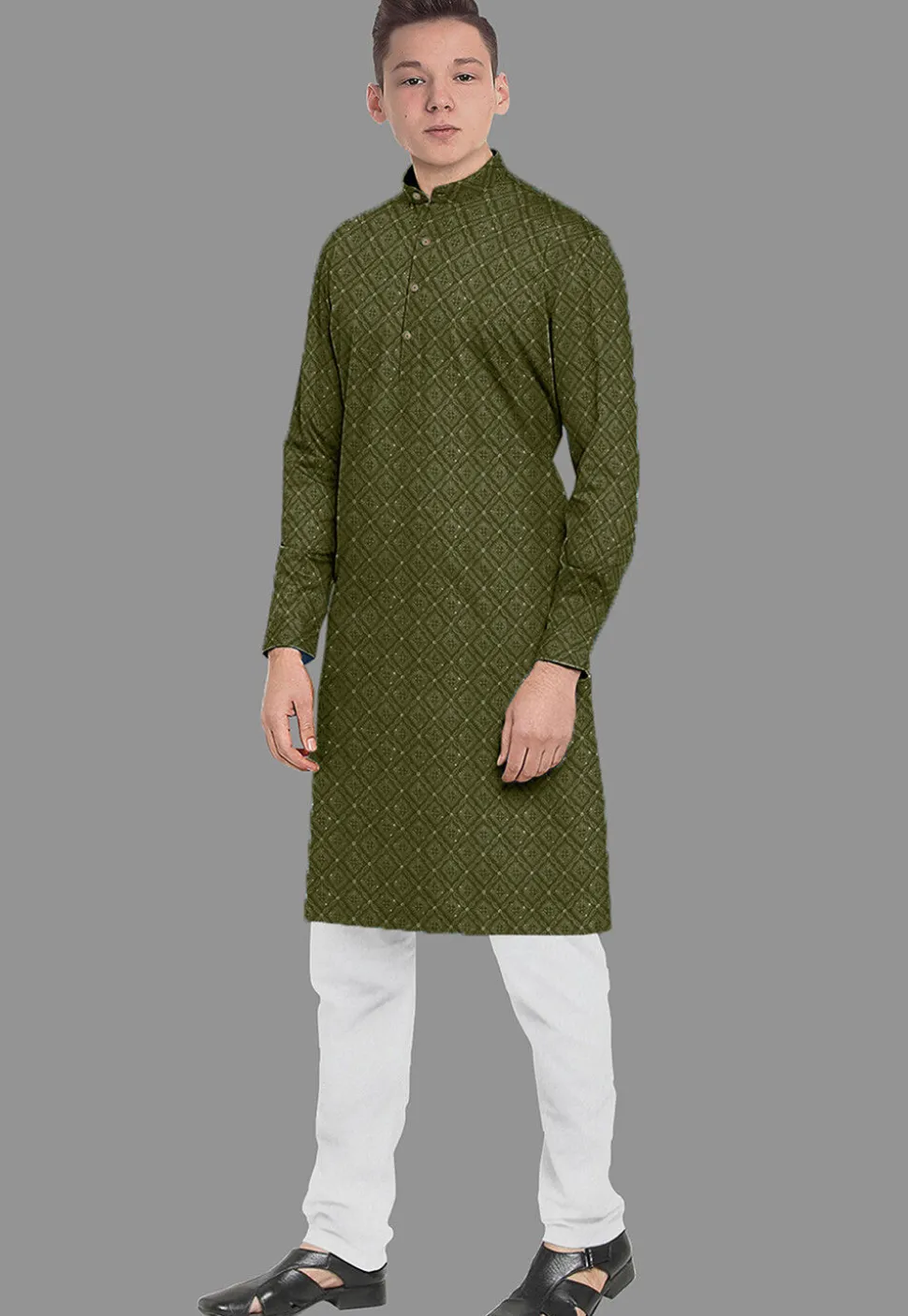 Embroidered Georgette Kurta Set in Olive Green