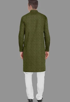 Embroidered Georgette Kurta Set in Olive Green