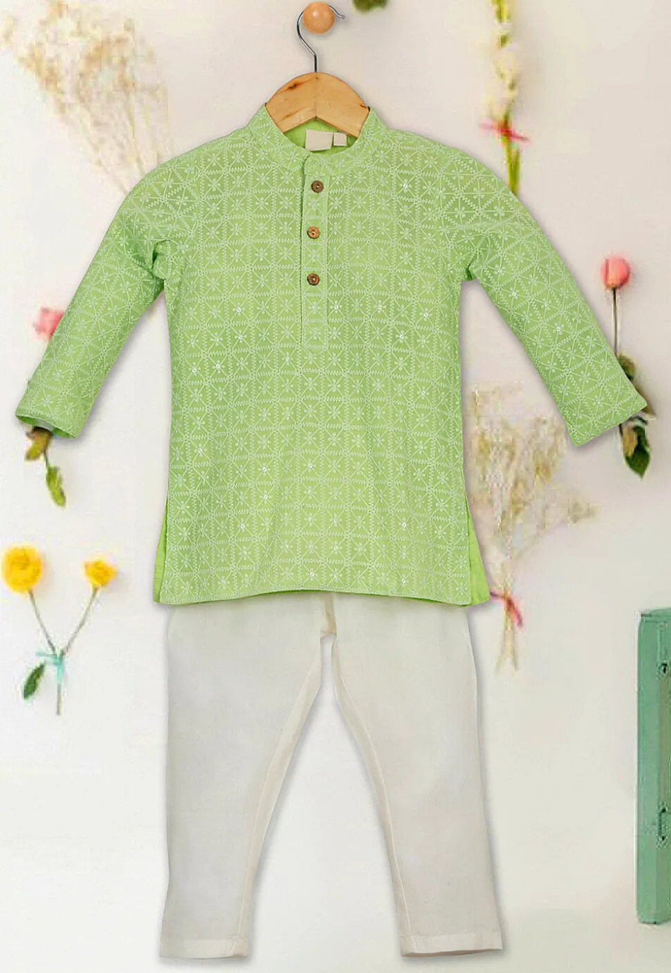 Embroidered Georgette Kurta Set in Light Green