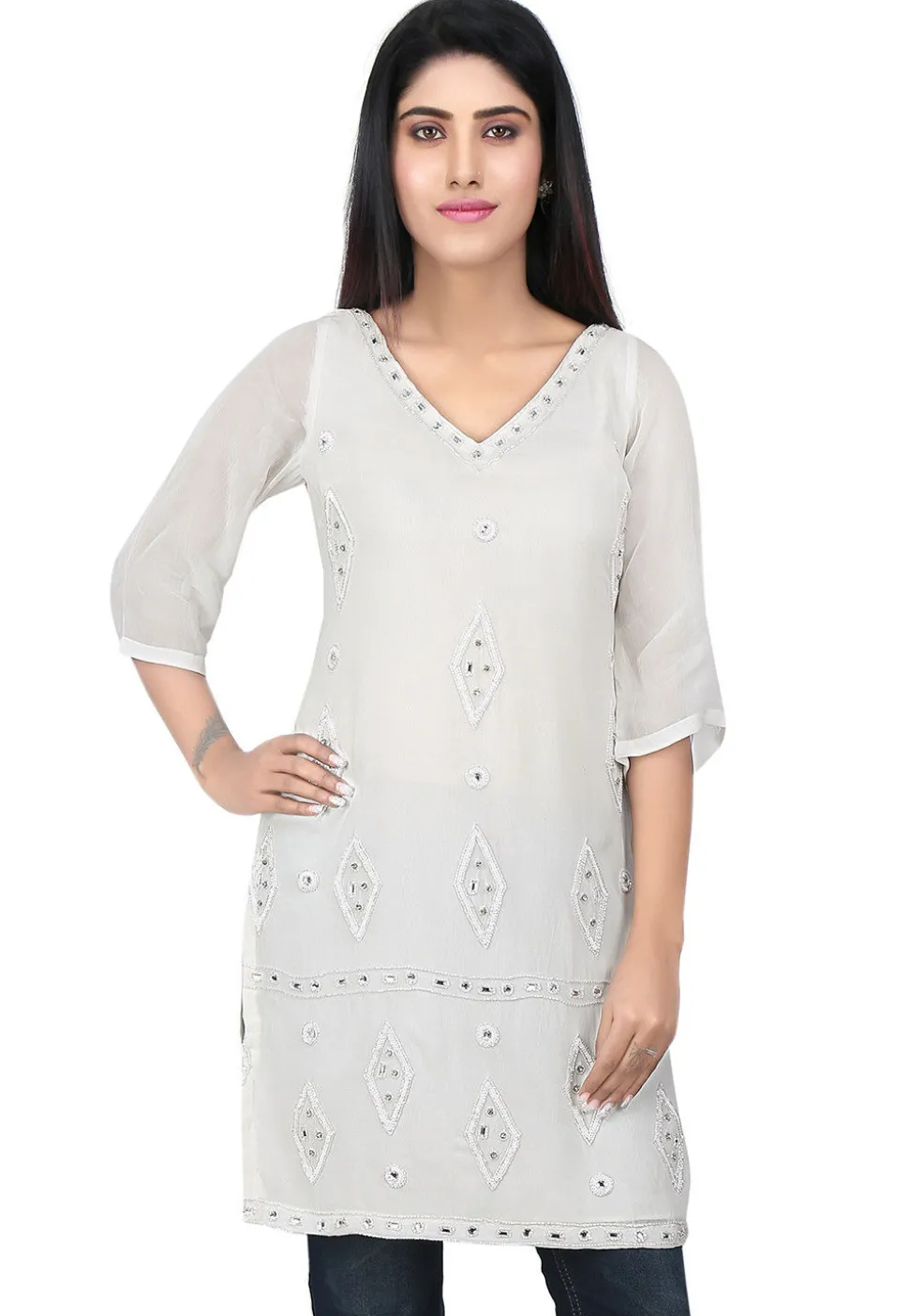 Embroidered Georgette Kurti in White