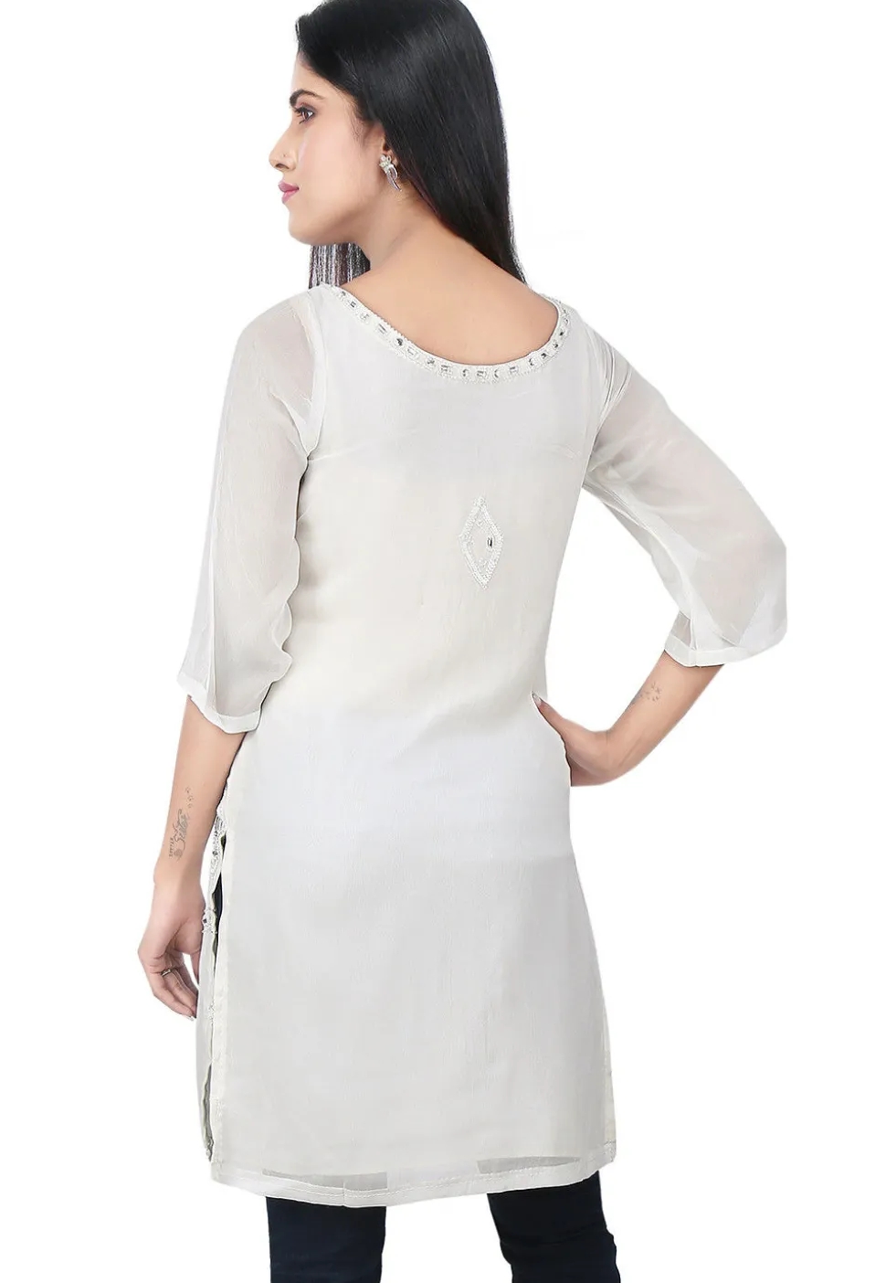 Embroidered Georgette Kurti in White