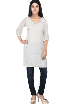 Embroidered Georgette Kurti in White