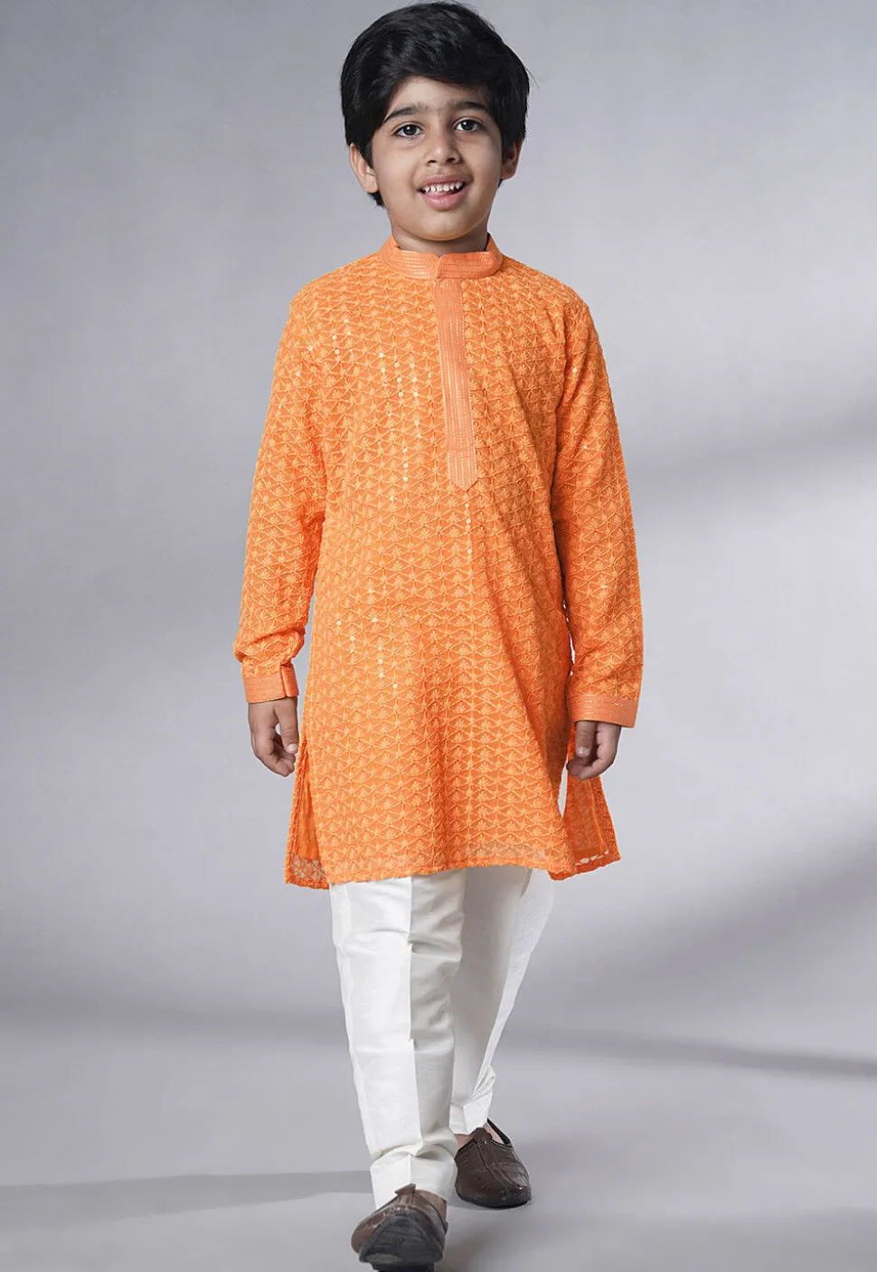 Embroidered Georgette Kurta Set in Orange