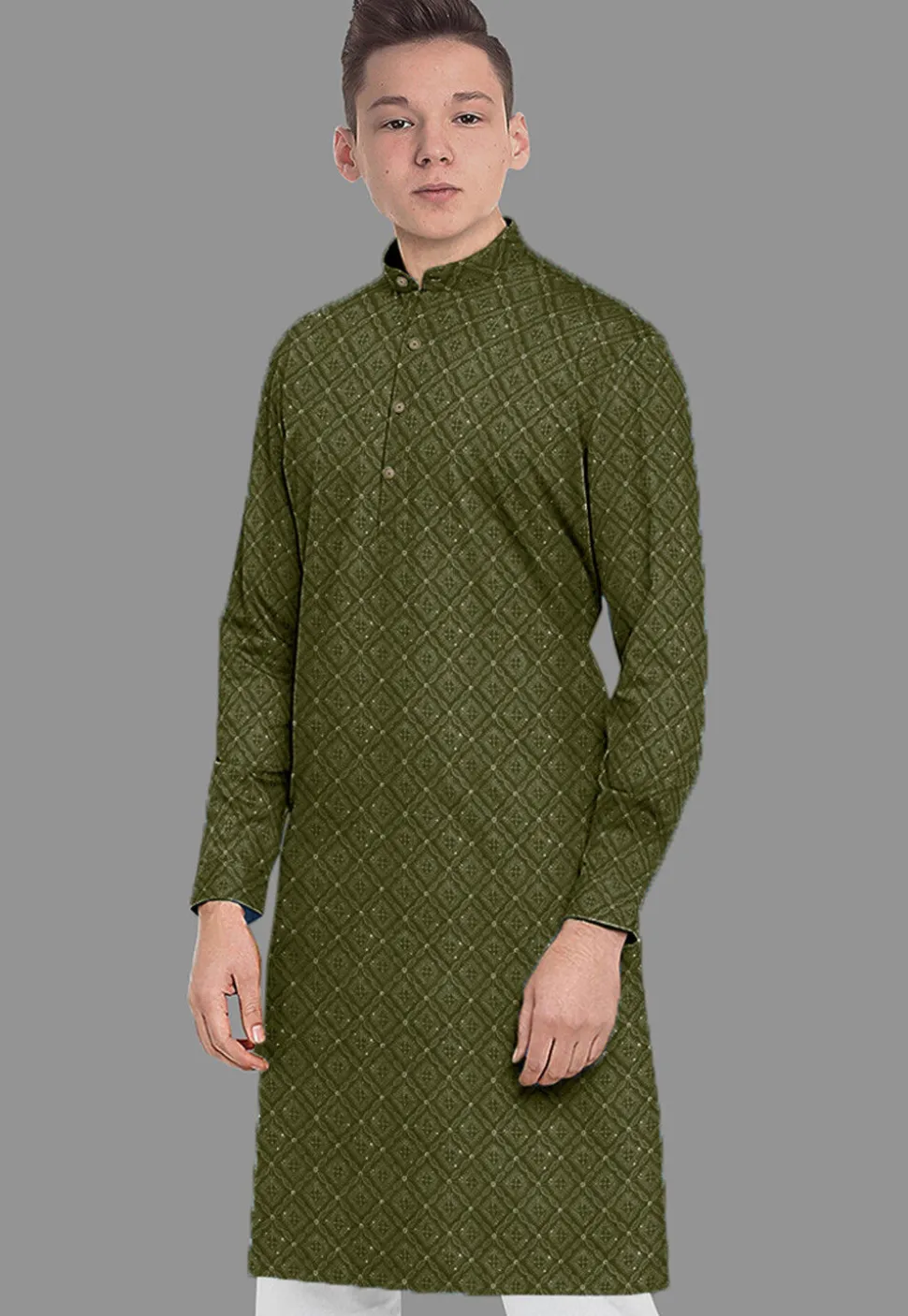 Embroidered Georgette Kurta in Olive Green