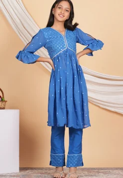 Embroidered Georgette Kurta Set in Light Blue