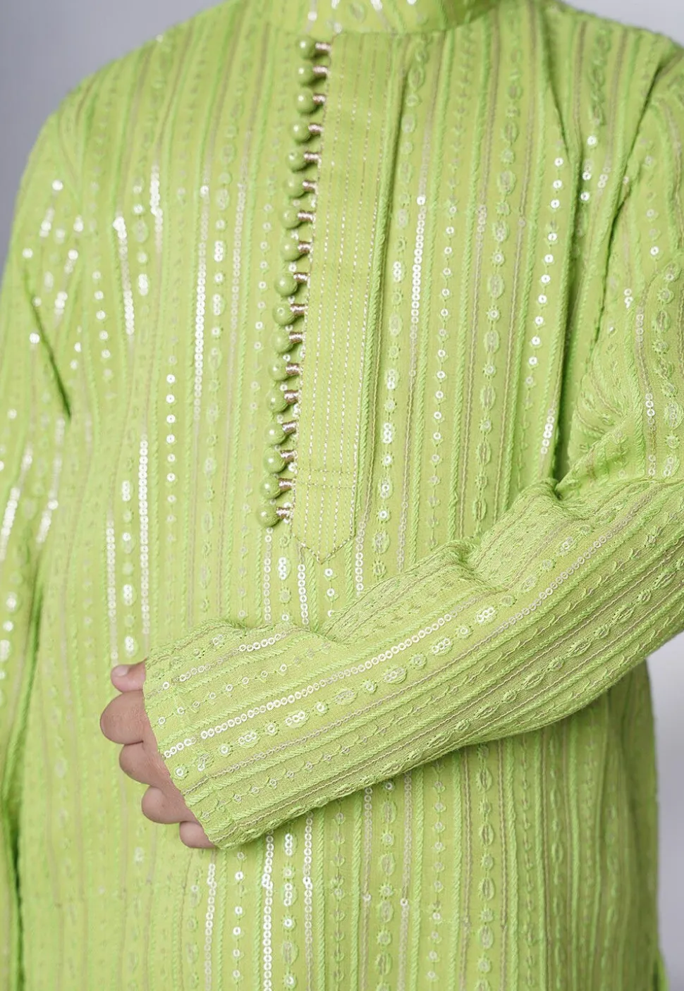 Embroidered Georgette Kurta Set in Green
