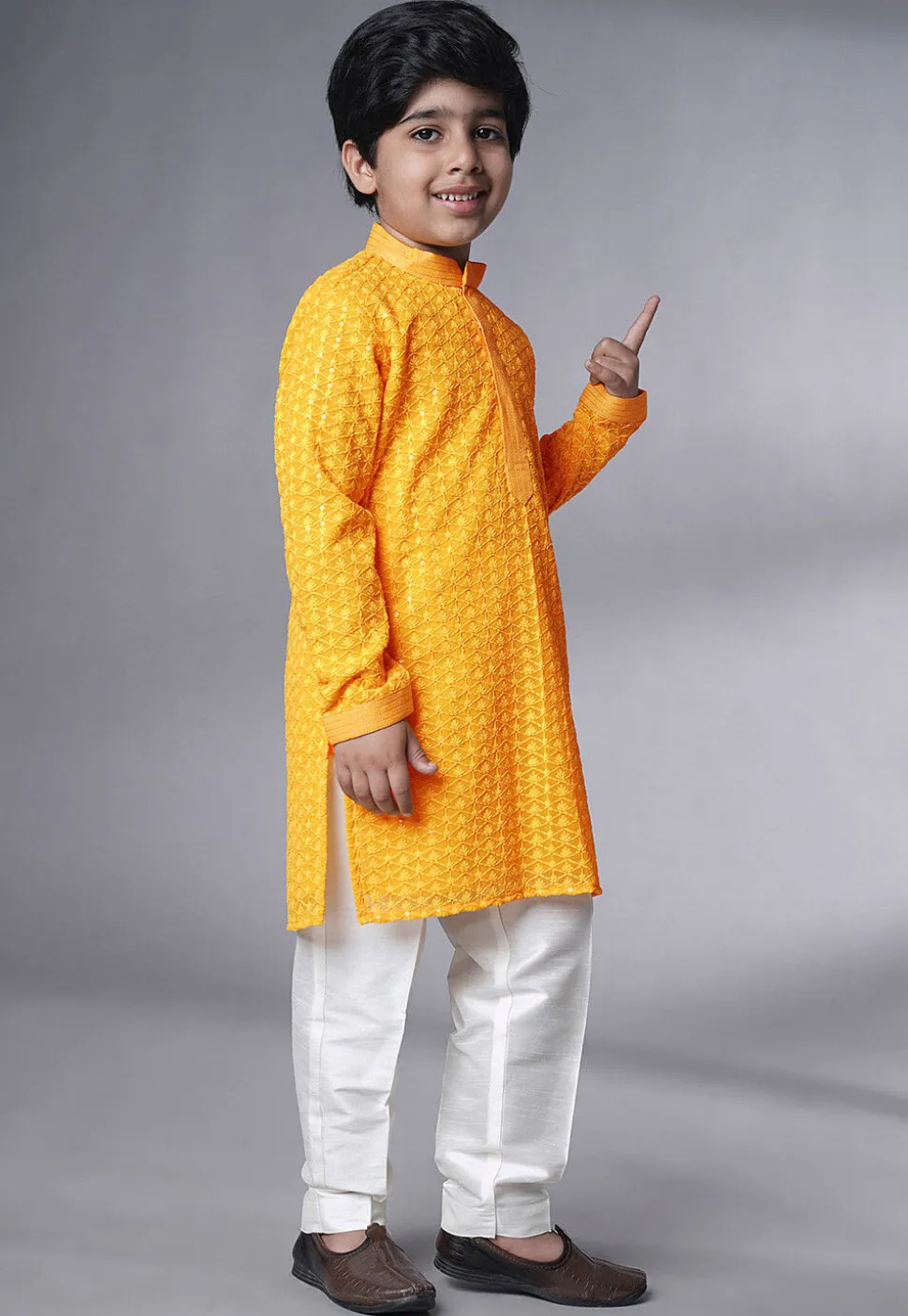 Embroidered Georgette Kurta Set in Mustard