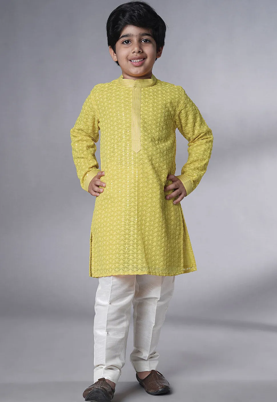 Embroidered Georgette Kurta Set in Olive Green