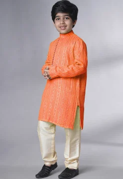 Embroidered Georgette Kurta Set in Orange