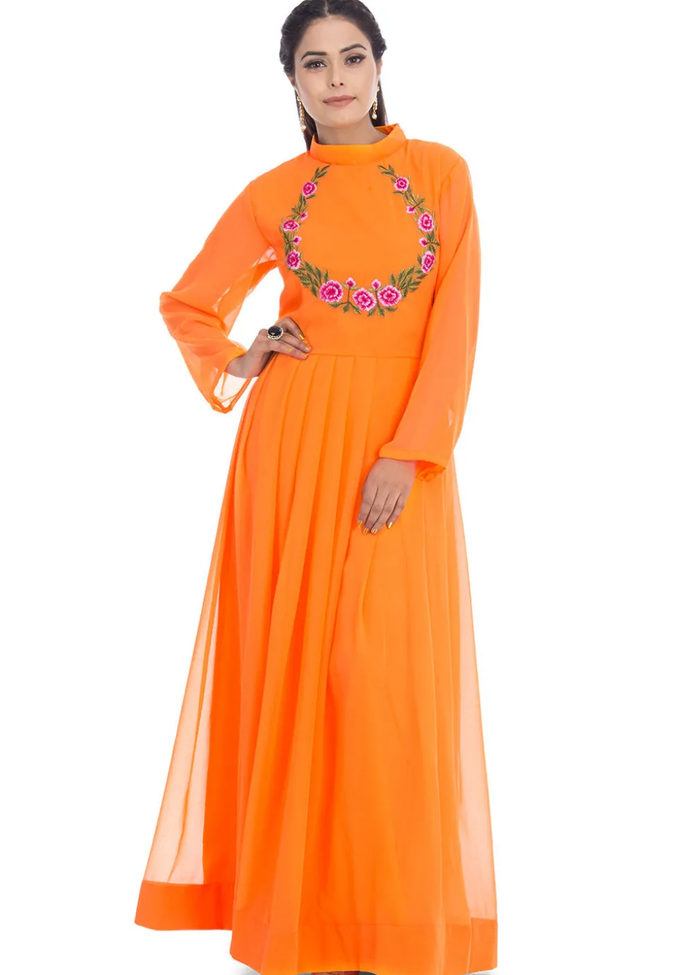 Embroidered Georgette Kurta in Orange