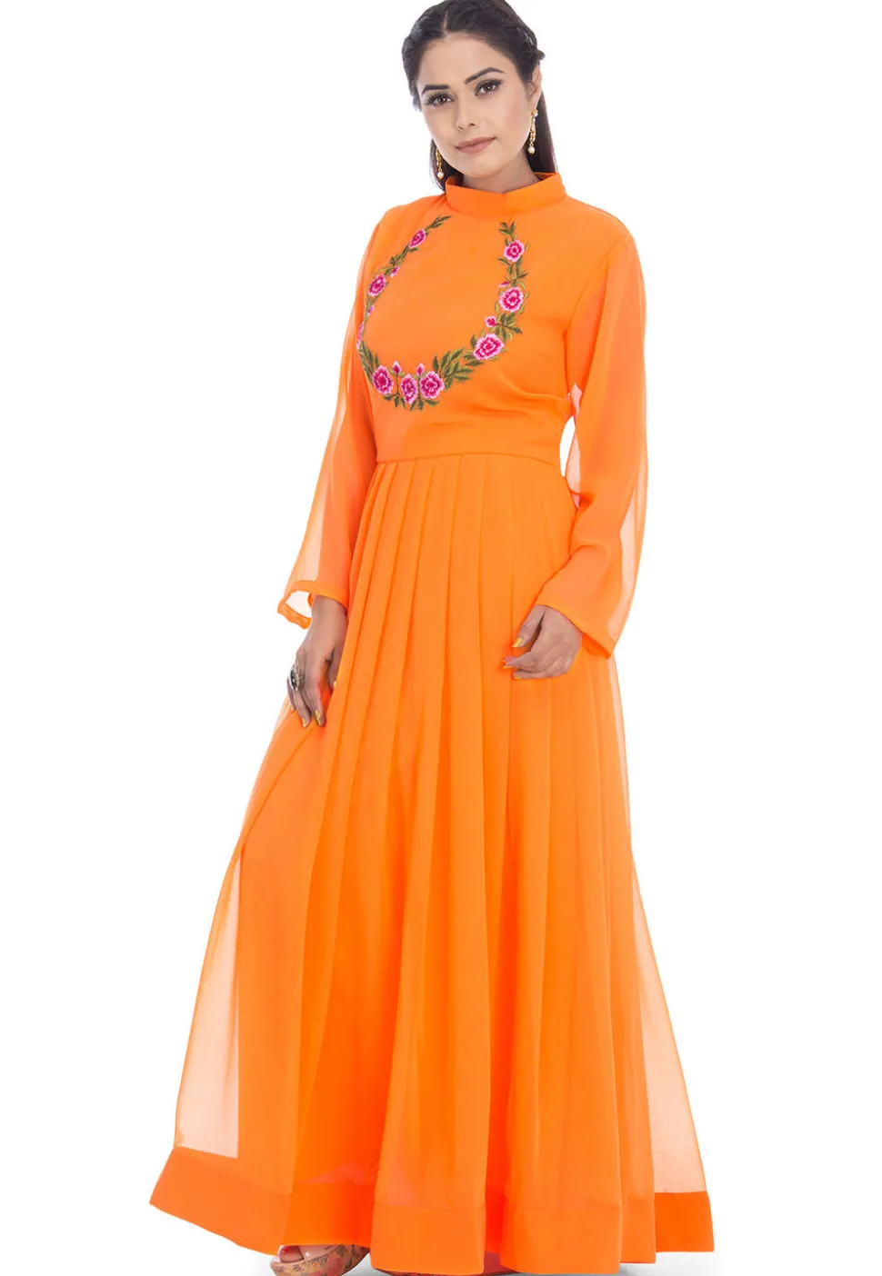 Embroidered Georgette Kurta in Orange