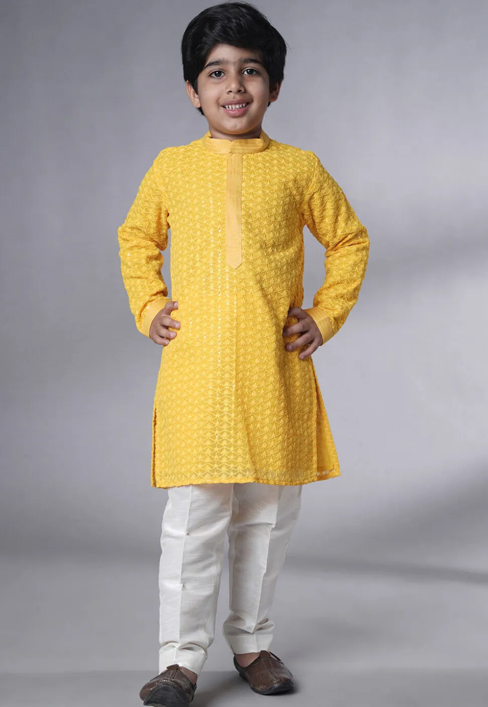 Embroidered Georgette Kurta Set in Yellow