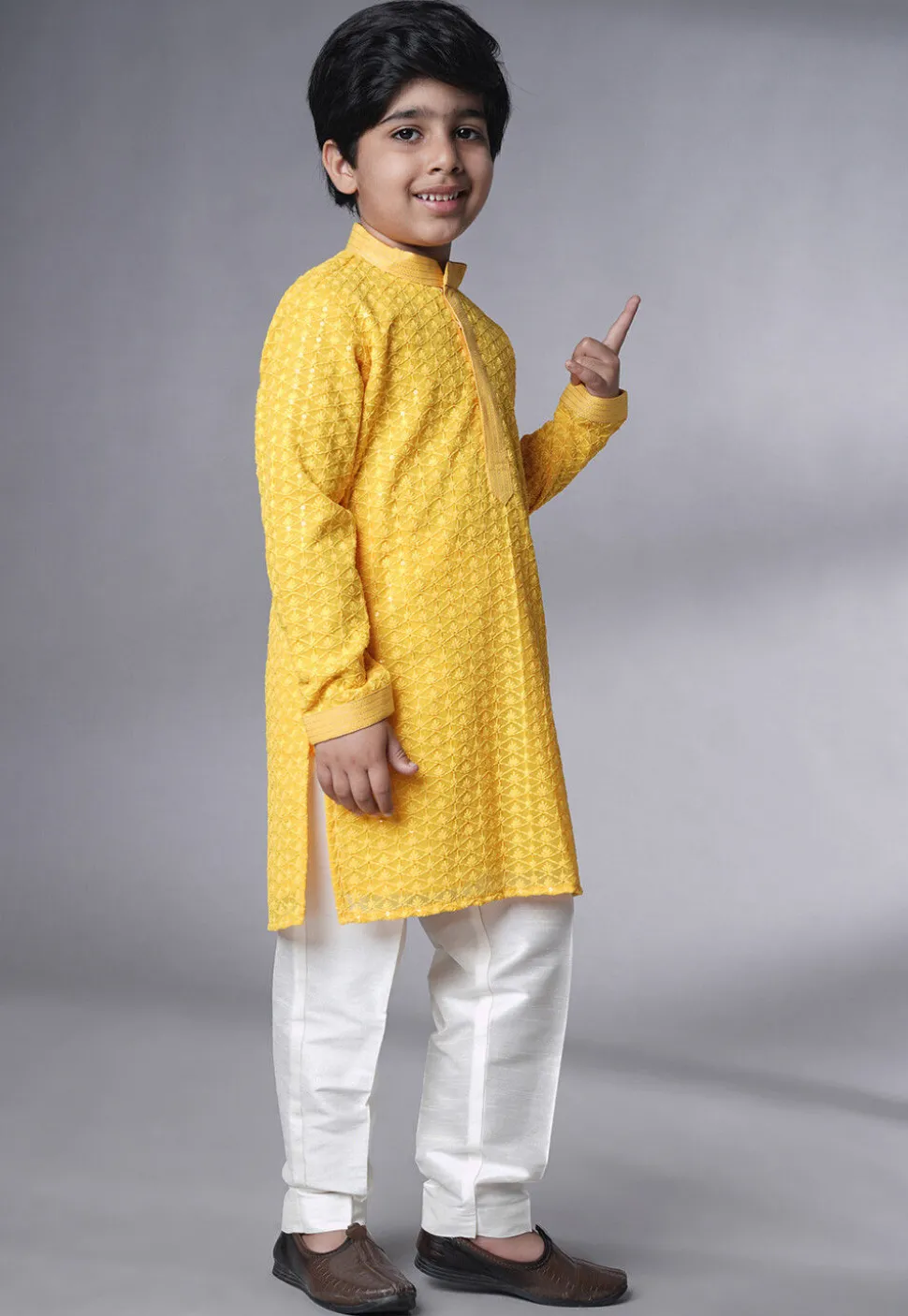 Embroidered Georgette Kurta Set in Yellow
