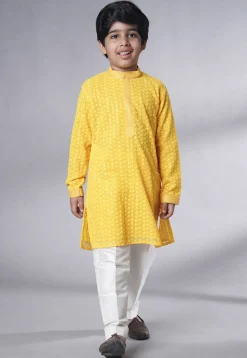 Embroidered Georgette Kurta Set in Yellow