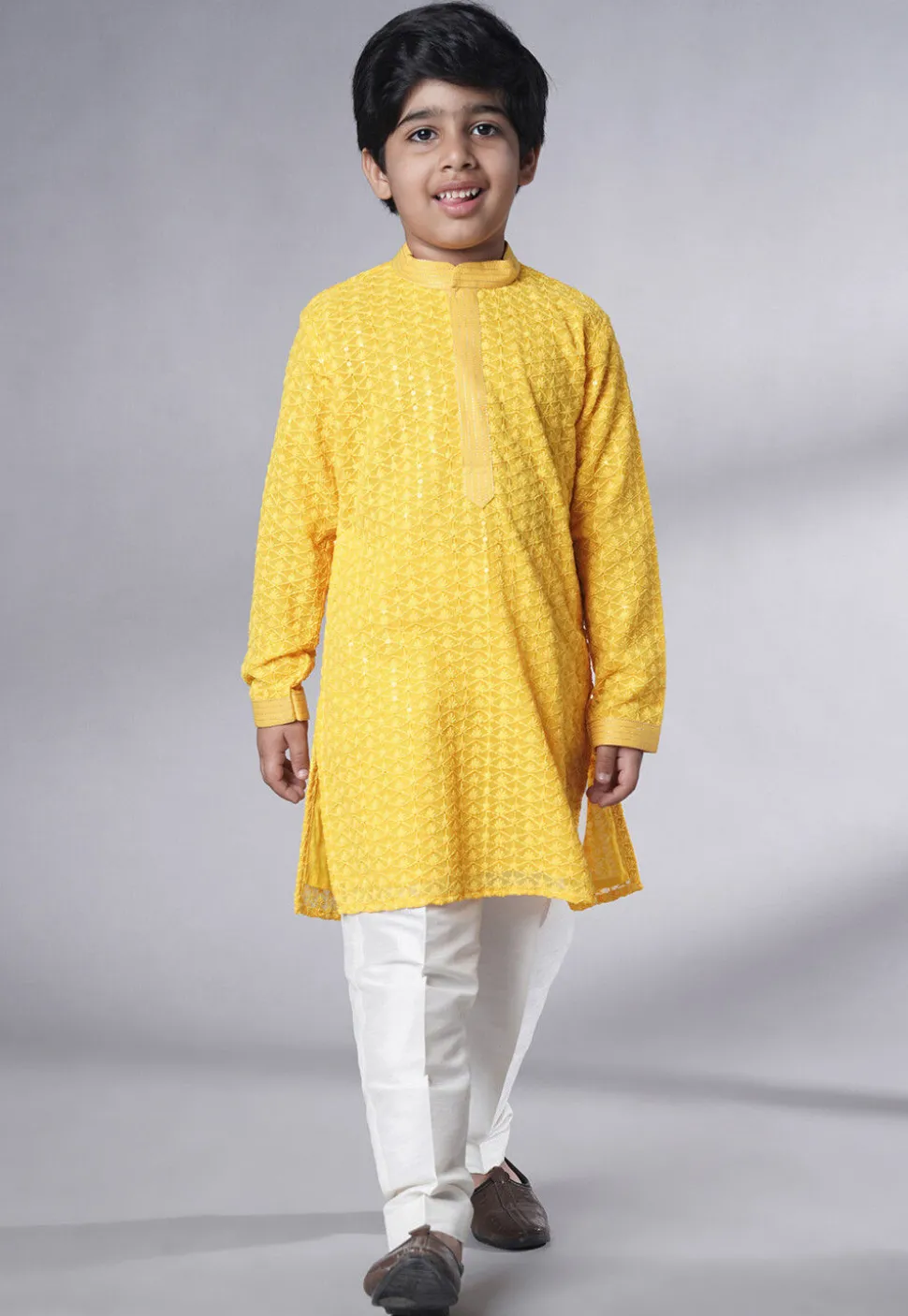 Embroidered Georgette Kurta Set in Yellow