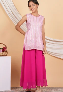 Embroidered Georgette Kurti Set in Baby Pink
