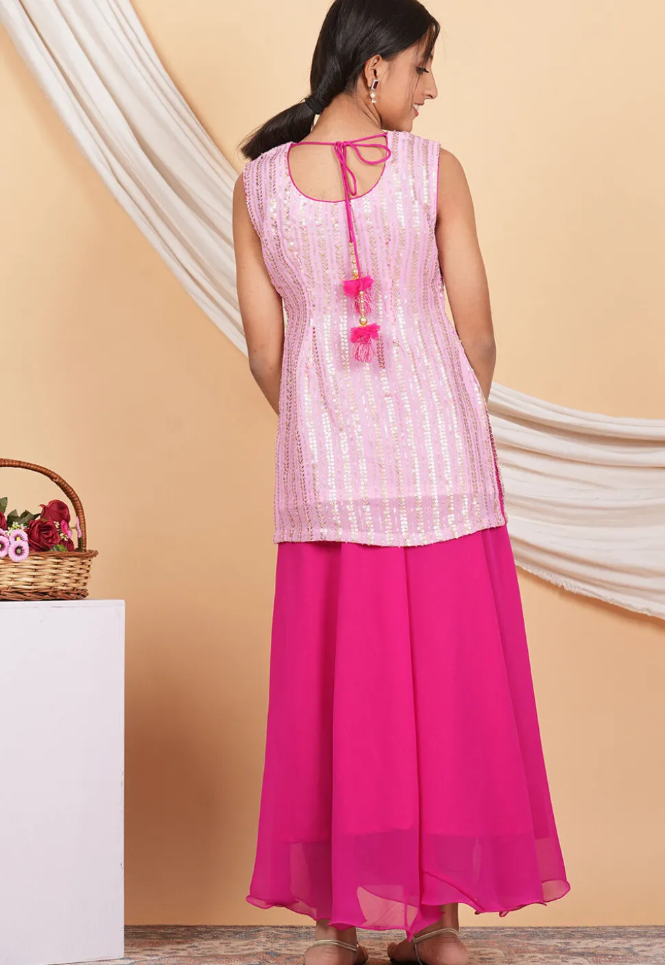Embroidered Georgette Kurti Set in Baby Pink