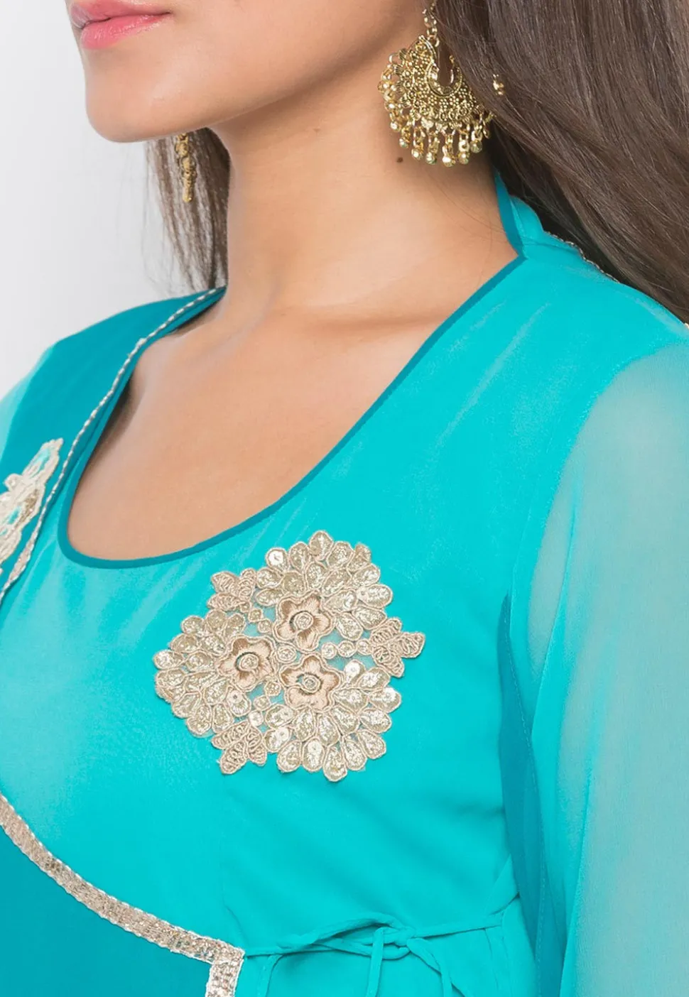 Embroidered Georgette Kurta Set in Turquoise
