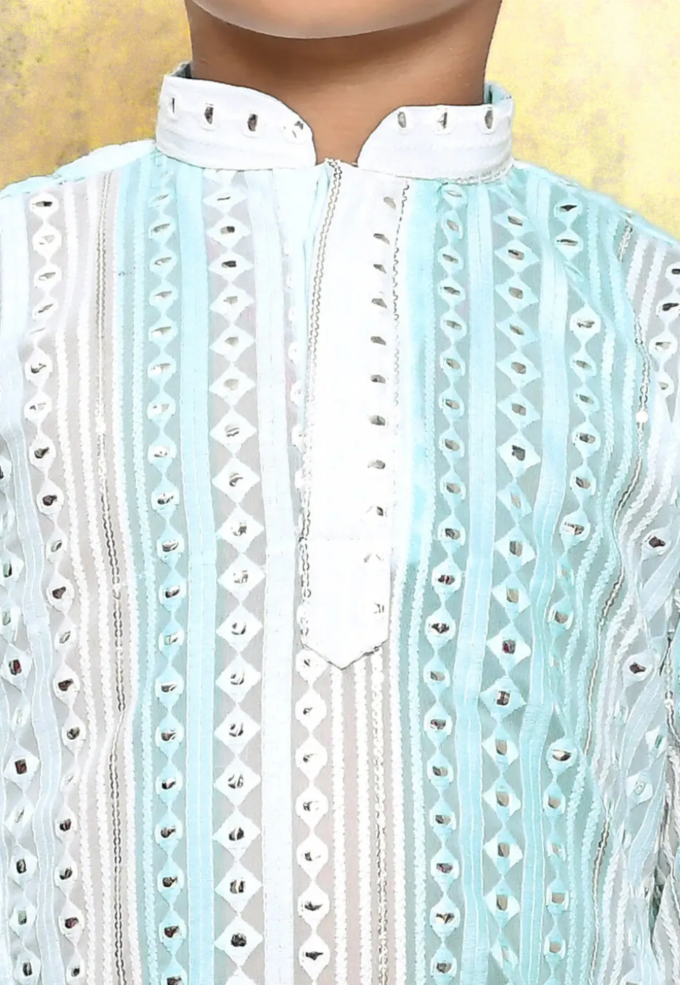 Embroidered Georgette Kurta Set in Light Blue and Green