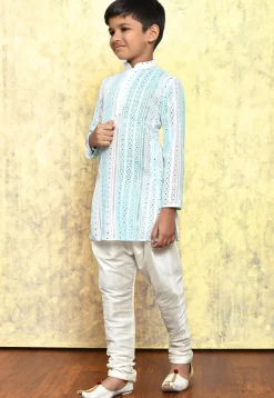 Embroidered Georgette Kurta Set in Light Blue and Green