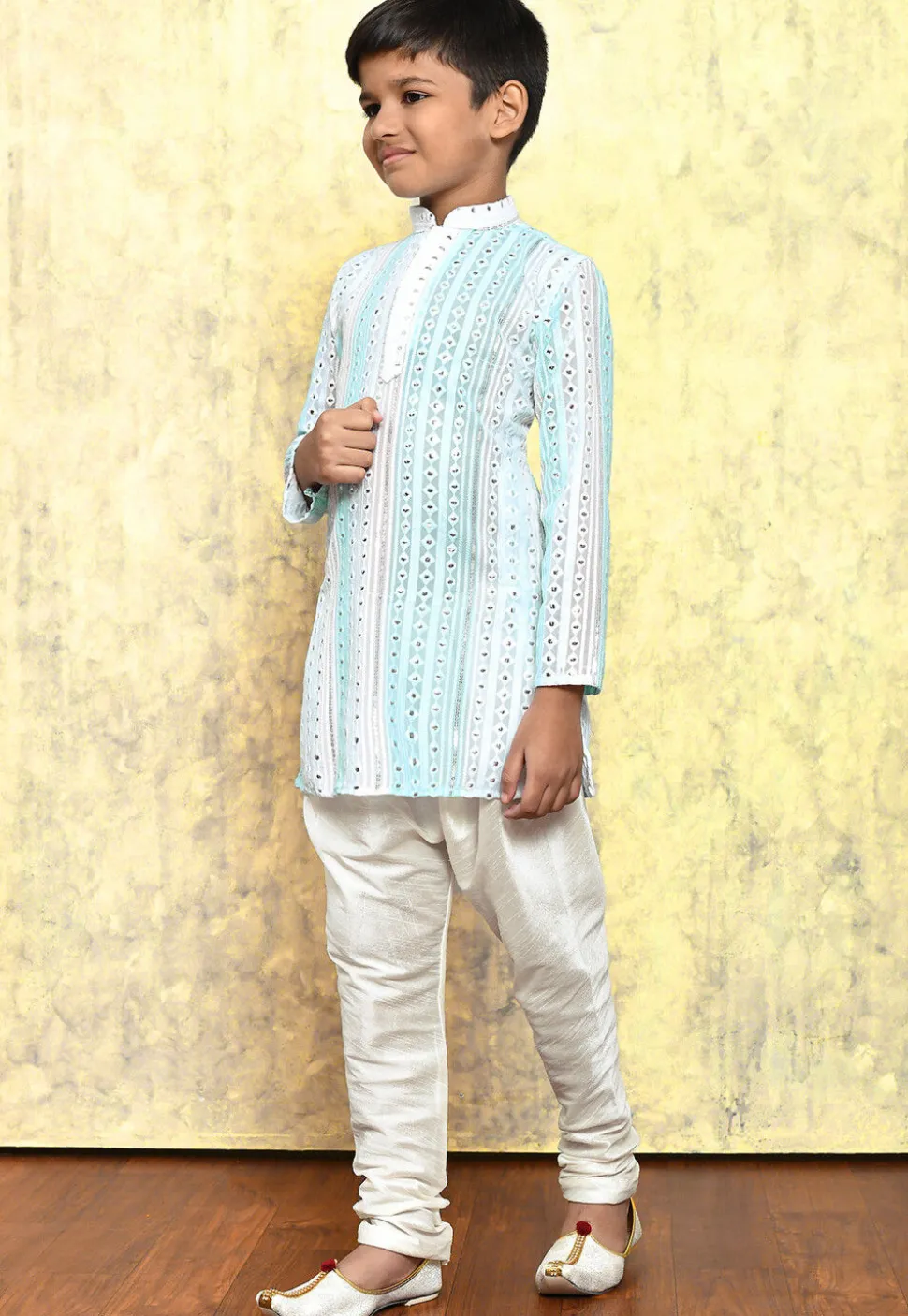 Embroidered Georgette Kurta Set in Light Blue and Green