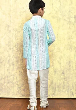 Embroidered Georgette Kurta Set in Light Blue and Green