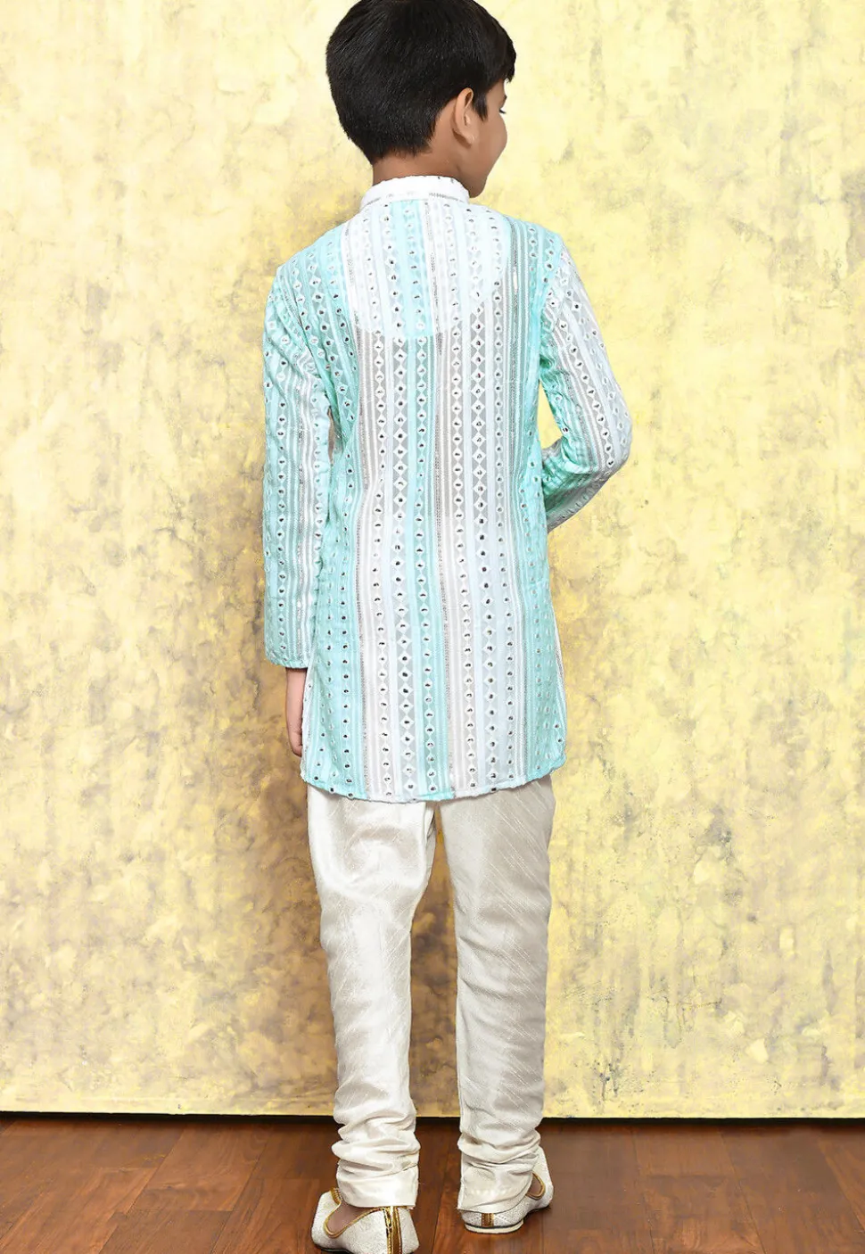 Embroidered Georgette Kurta Set in Light Blue and Green