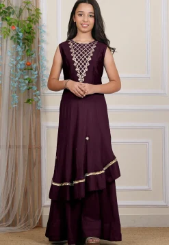 Embroidered Georgette Layered Gown in Wine