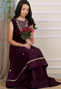 Embroidered Georgette Layered Gown in Wine