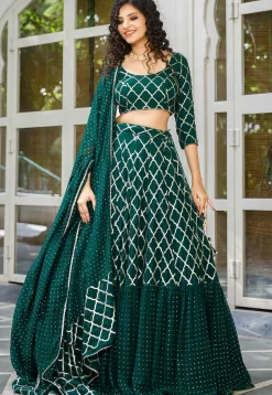 Embroidered Georgette Layered Lehenga in Dark Green