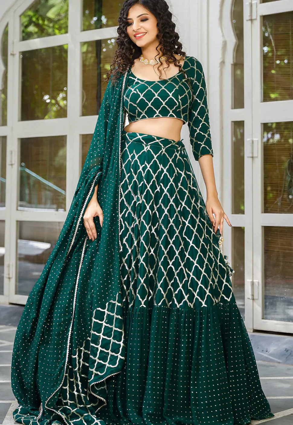 Embroidered Georgette Layered Lehenga in Dark Green