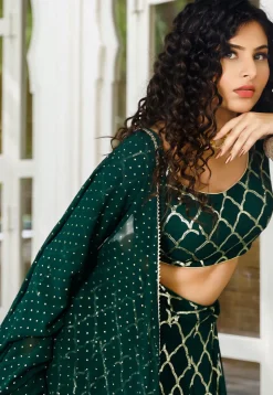 Embroidered Georgette Layered Lehenga in Dark Green