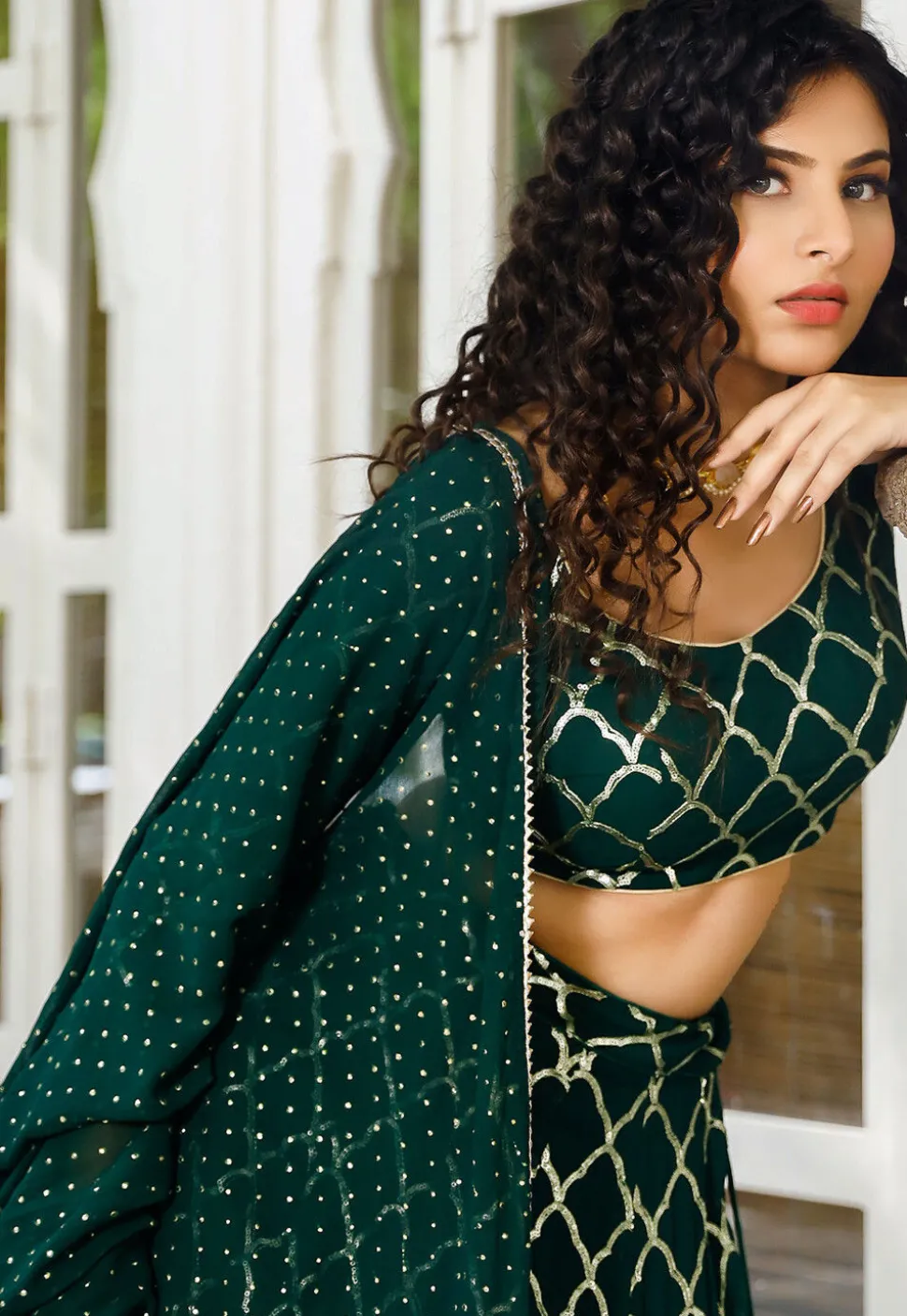 Embroidered Georgette Layered Lehenga in Dark Green
