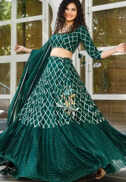 Embroidered Georgette Layered Lehenga in Dark Green