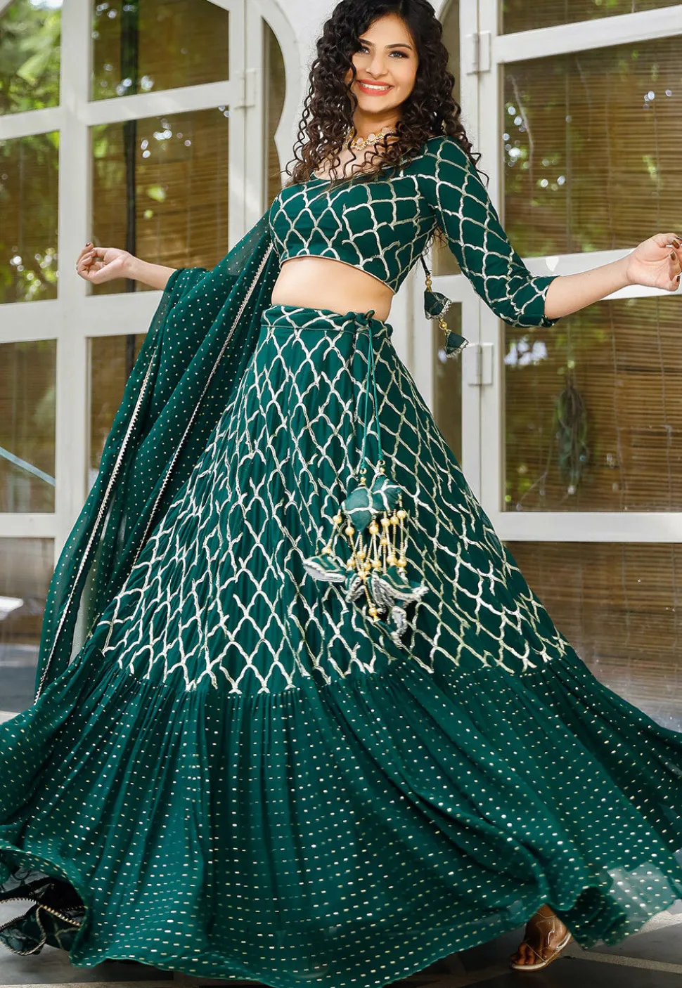 Embroidered Georgette Layered Lehenga in Dark Green