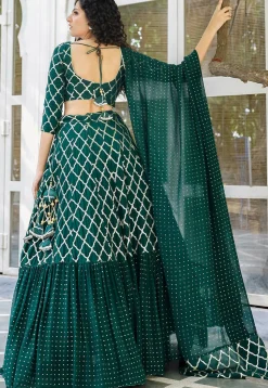 Embroidered Georgette Layered Lehenga in Dark Green