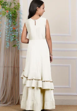Embroidered Georgette Layered Gown in Off White