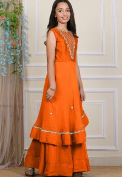 Embroidered Georgette Layered Gown in Orange