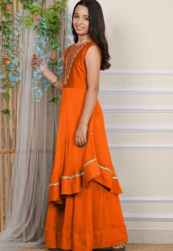 Embroidered Georgette Layered Gown in Orange