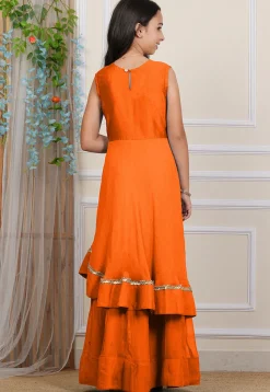 Embroidered Georgette Layered Gown in Orange