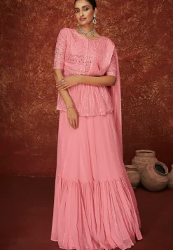 Embroidered Georgette Layered Lehenga in Pink
