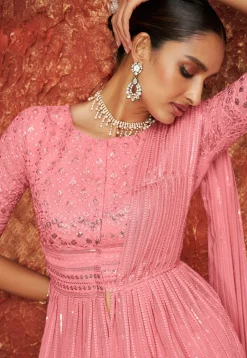 Embroidered Georgette Layered Lehenga in Pink