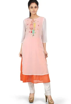 Embroidered Georgette Layered Kurta in Off White and Orange