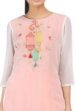 Embroidered Georgette Layered Kurta in Off White and Orange
