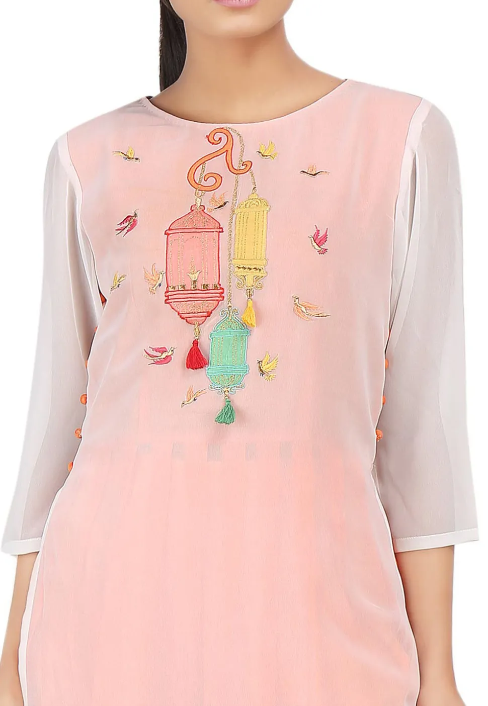 Embroidered Georgette Layered Kurta in Off White and Orange