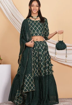 Embroidered Georgette Layered Lehenga in Dark Green