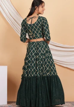 Embroidered Georgette Layered Lehenga in Dark Green
