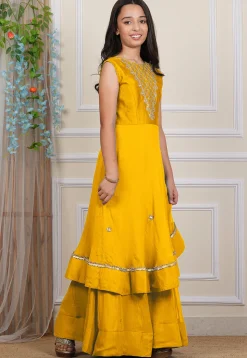 Embroidered Georgette Layered Gown in Mustard